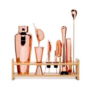 Jillmo 11-Piece Copper Bar Set with Bamboo Stand Cocktail Shaker Kit Rose Gold